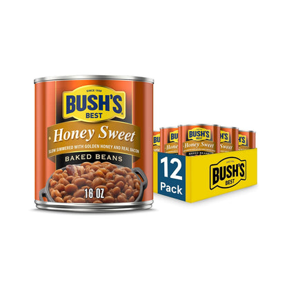 Canned Bush's Best Maple Cured Bacon Baked Beans, 16 oz, pack of 12, with baked beans featuring bacon and maple flavor.