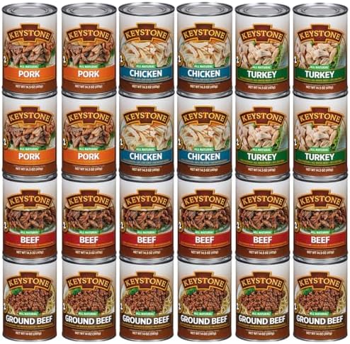 Keystone Meats 24-can variety pack including beef, chicken, turkey, pork, and ground beef, all natural fully cooked canned meats.