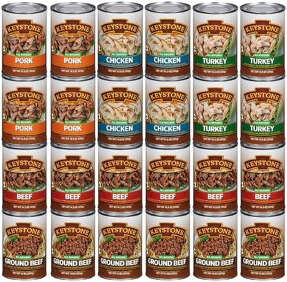 Keystone Meats 24-can variety pack including beef, chicken, turkey, pork, and ground beef, all natural fully cooked canned meats.