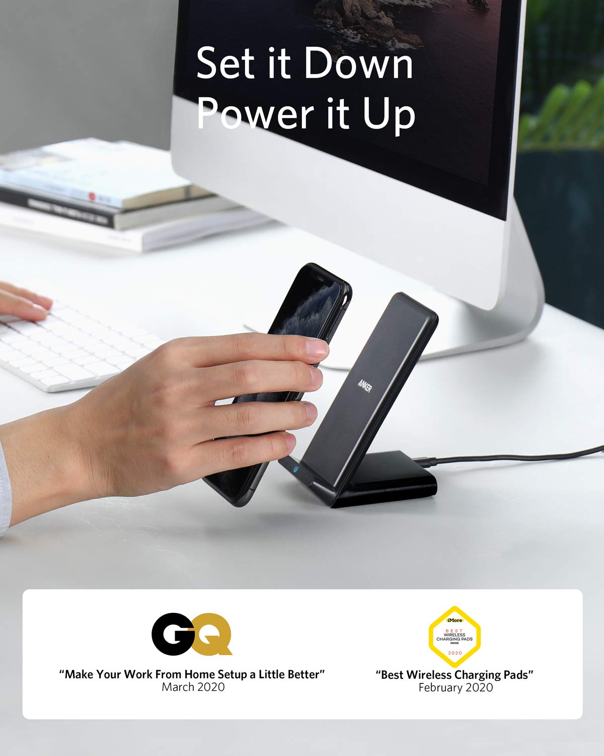 Anker 313 wireless charging stand with phone positioned vertically, charging wirelessly with a sleek black design.