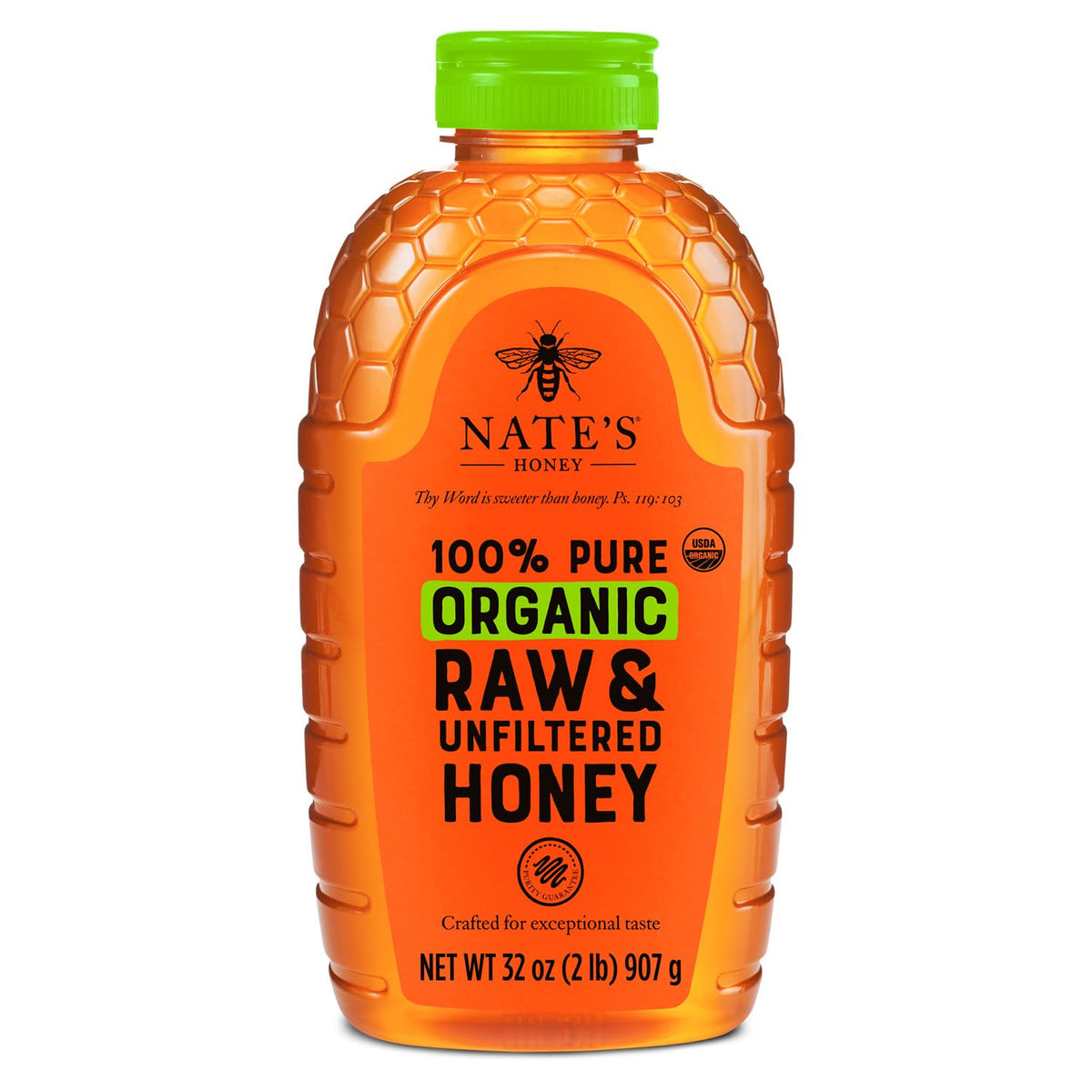 Nate's Organic Honey in a 16oz squeeze bottle, golden honey dripping from the nozzle, natural and pure honey product.