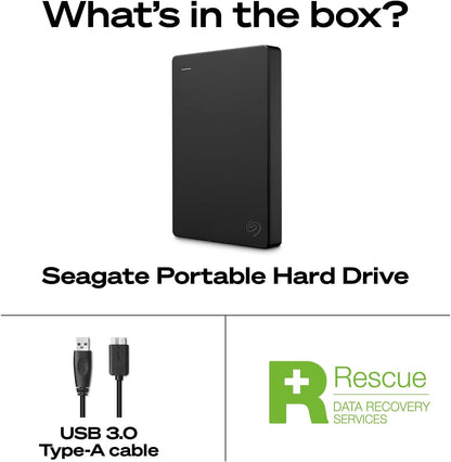 Seagate Portable 4TB external hard drive from BACKUPMYFILESNOW® with USB 3.0 connection, designed for data storage and backup.