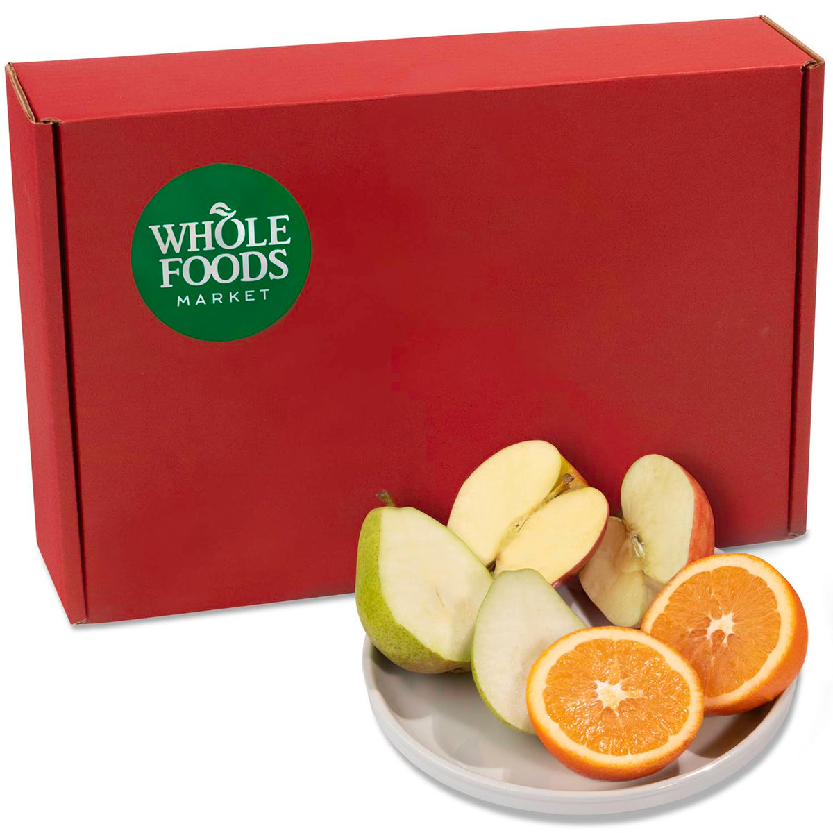 Organic fruit gift box from A Gift Inside featuring fresh pears, honeycrisp apples, and navel oranges in a premium selection.