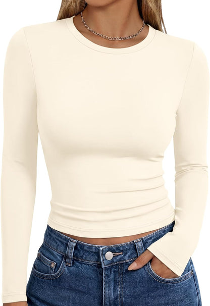 Trendy Queen women's long sleeve T-shirt featuring fall fashion Y2K style, basic casual top with a comfortable fit.
