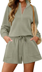 KISSMODA women’s lounge set with matching sweatshirt and shorts, comfortable casual outfit for relaxing at home or out.