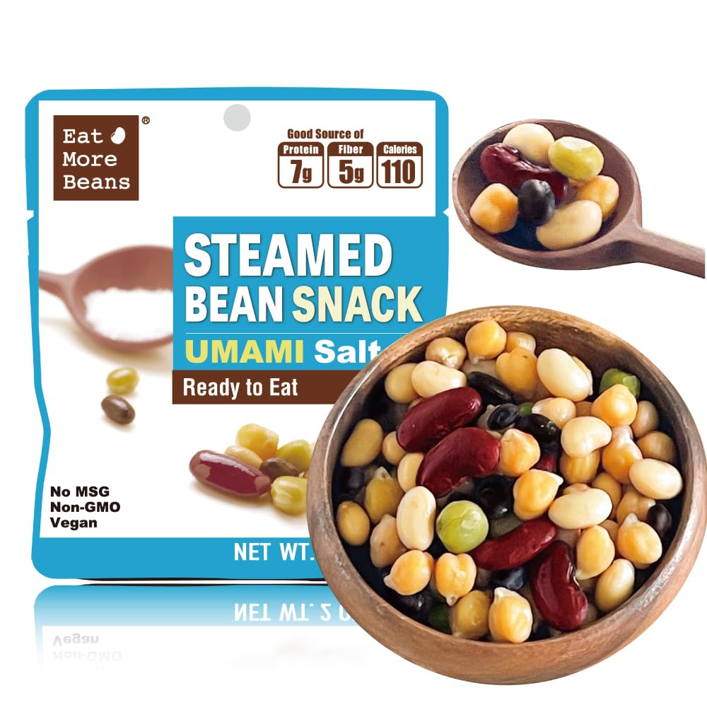 Organic steamed bean snack by Eat More Beans, featuring a mix of healthy, seasoned bean varieties in a 2oz pack.