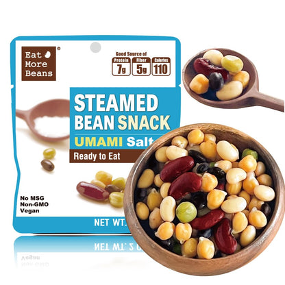 Organic steamed bean snack by Eat More Beans, featuring a mix of healthy, seasoned bean varieties in a 2oz pack.