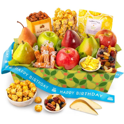 A Gift Inside fresh fruit gift basket with mixed pears, apples, nuts, and sweet snacks arranged in a decorative box.