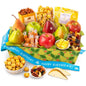A Gift Inside fresh fruit gift basket with mixed pears, apples, nuts, and sweet snacks arranged in a decorative box.