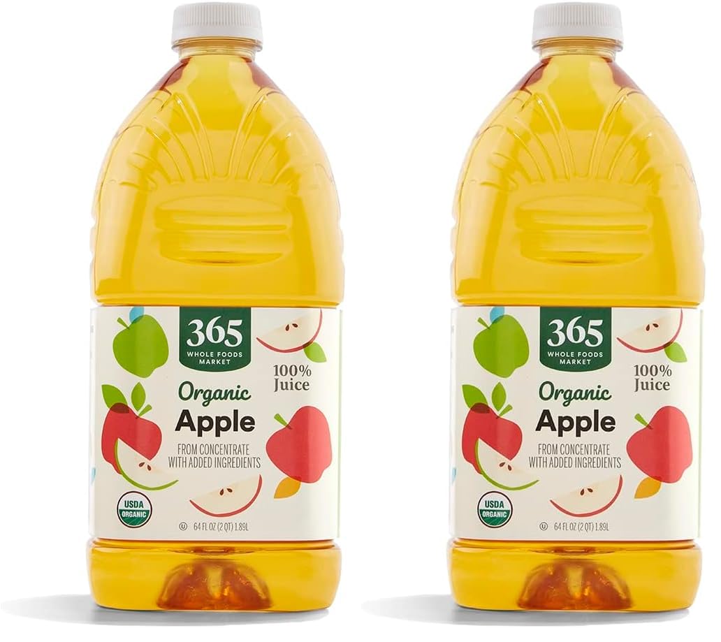 Organic apple juice in a 64 fl oz bottle from 365 by Whole Foods Market, featuring a clear label and golden apple juice inside.
