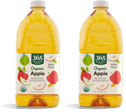 Organic apple juice in a 64 fl oz bottle from 365 by Whole Foods Market, featuring a clear label and golden apple juice inside.