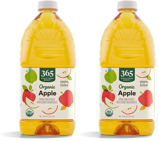Organic apple juice in a 64 fl oz bottle from 365 by Whole Foods Market, featuring a clear label and golden apple juice inside.