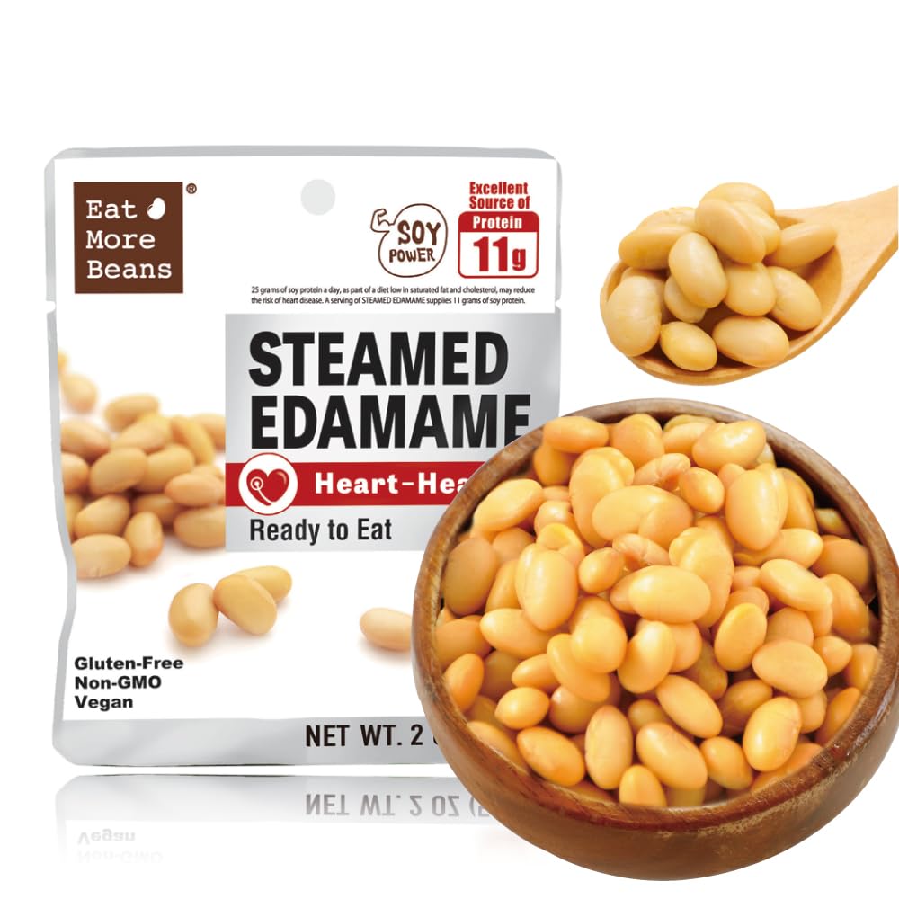 Organic steamed bean snack from Eat More Beans, featuring a mix of healthy, crunchy bean bites in a 2oz pack.