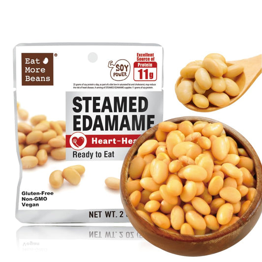Organic steamed bean snack from Eat More Beans, featuring a mix of healthy, crunchy bean bites in a 2oz pack.