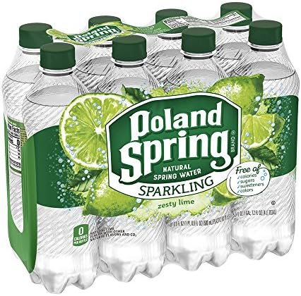 Poland Spring sparkling water Zesty Lime flavor in 16.9 oz bottles, pack of 8, with clear bottles showing lime-flavored sparkling water inside.
