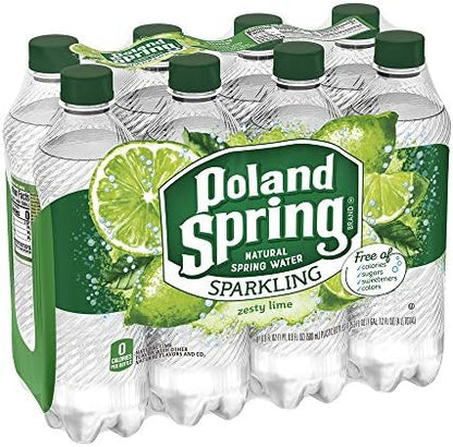 Poland Spring sparkling water Zesty Lime flavor in 16.9 oz bottles, pack of 8, with clear bottles showing lime-flavored sparkling water inside.