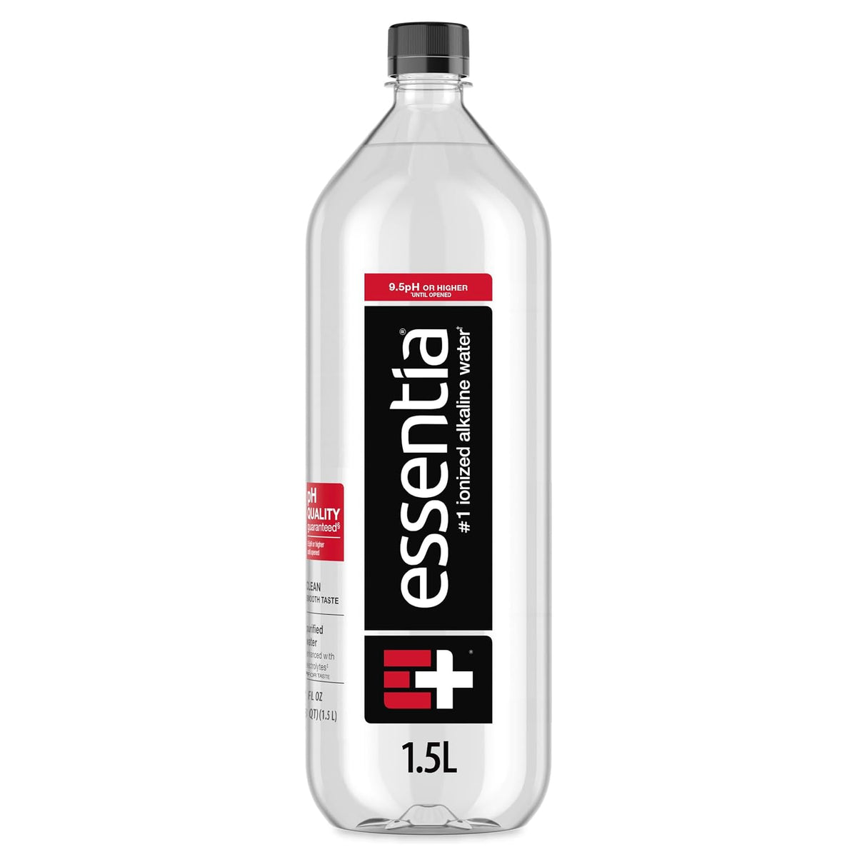 Essentia Alkaline Drinking Water in black bottles, 42.3 fl oz, infused with electrolytes, pH 9.5+, pack of 12, ionized and pure