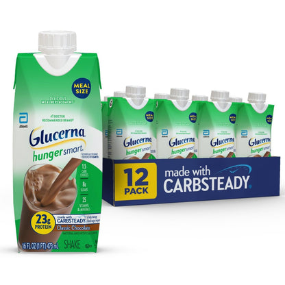 Glucerna Hunger Smart meal replacement shake in classic chocolate flavor, 16oz bottle, 12-pack, supports blood sugar management.