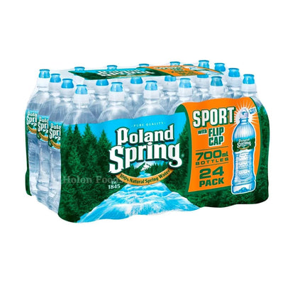 Poland Spring half pint natural spring water bottles in a 12-pack, showing clear bottles filled with pure spring water.