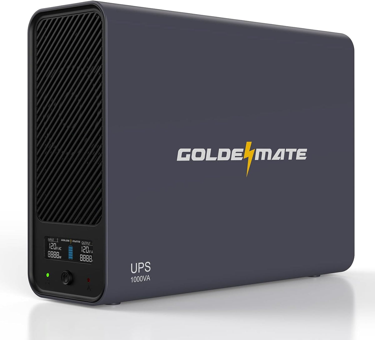 GOLDENMATE 1000VA lithium UPS battery backup and surge protector in white, showing the compact rectangular design with power ports.
