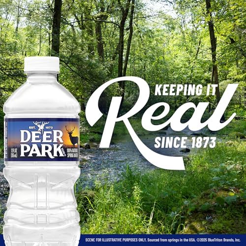 Deer Park Natural Spring Bottled Water, 12 fl oz, 12-pack, clear bottles with blue caps and label, fresh spring water inside