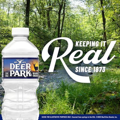 Deer Park Natural Spring Bottled Water, 12 fl oz, 12-pack, clear bottles with blue caps and label, fresh spring water inside