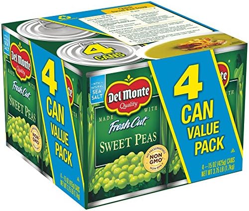 Canned Del Monte sweet peas in a 15-ounce pack, showing fresh green peas inside the can.