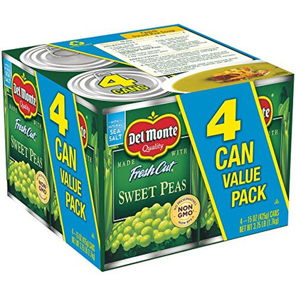 Canned Del Monte sweet peas in 15-ounce cans, fresh cut and bright green, stacked in a pack of four.