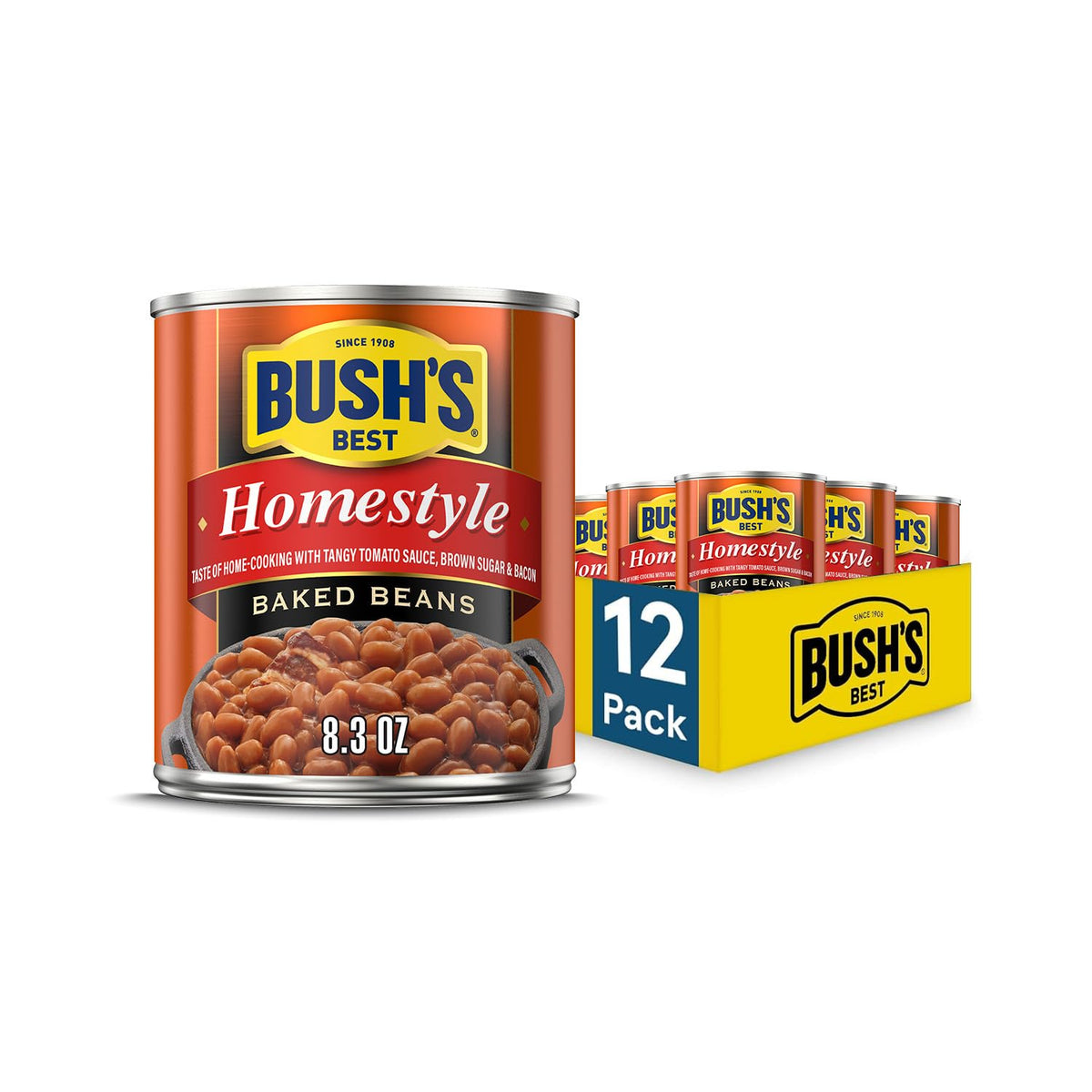 Canned Bush's Best Maple Cured Bacon Baked Beans in 16 oz can, packed in a set of 12, ready for cooking or serving.