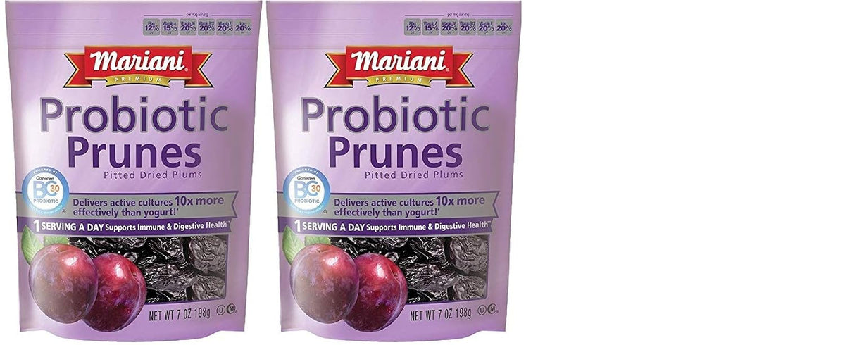 Mariani Premium probiotic dried prunes with BC30 cultures, supporting digestive health, shown in a 7 oz bag.