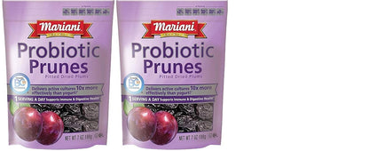 Mariani Premium probiotic dried prunes with BC30 cultures, supporting digestive health, shown in a 7 oz bag.