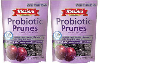 Mariani Premium probiotic dried prunes with BC30 cultures, supporting digestive health, shown in a 7 oz bag.