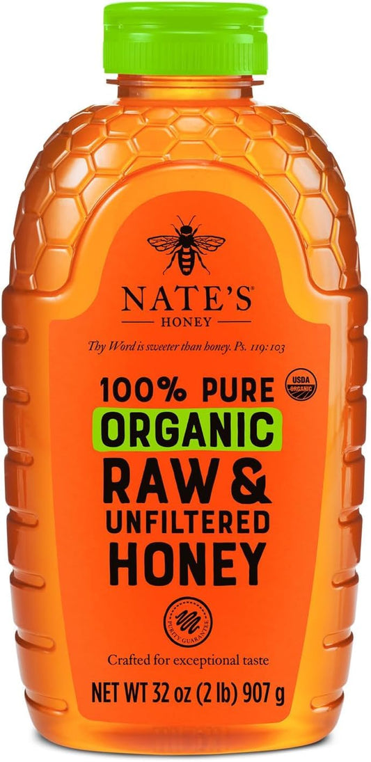 Nate's Organic Honey in a 16oz squeeze bottle, golden honey with a smooth texture, ready for spreading or drizzling.
