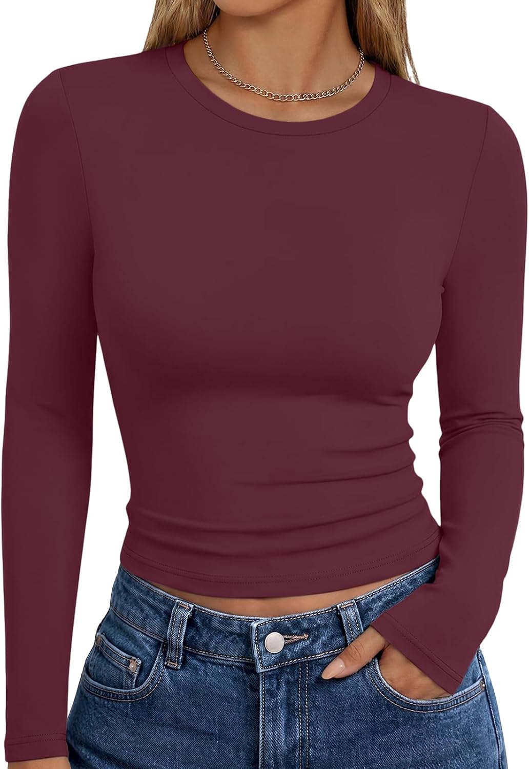 Trendy Queen women's long sleeve T-shirt in fall fashion, Y2K style, basic casual top with a modern fit.