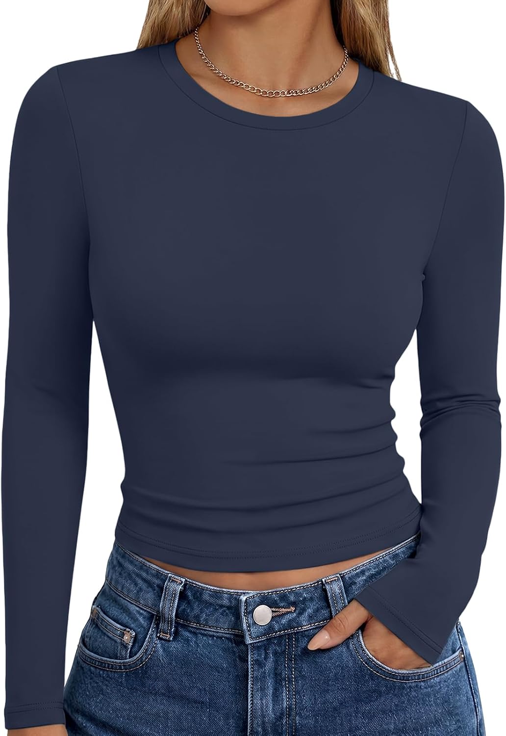 Trendy Queen women's long sleeve T-shirt with fall fashion Y2K style, basic casual top, suitable for fall season wear.