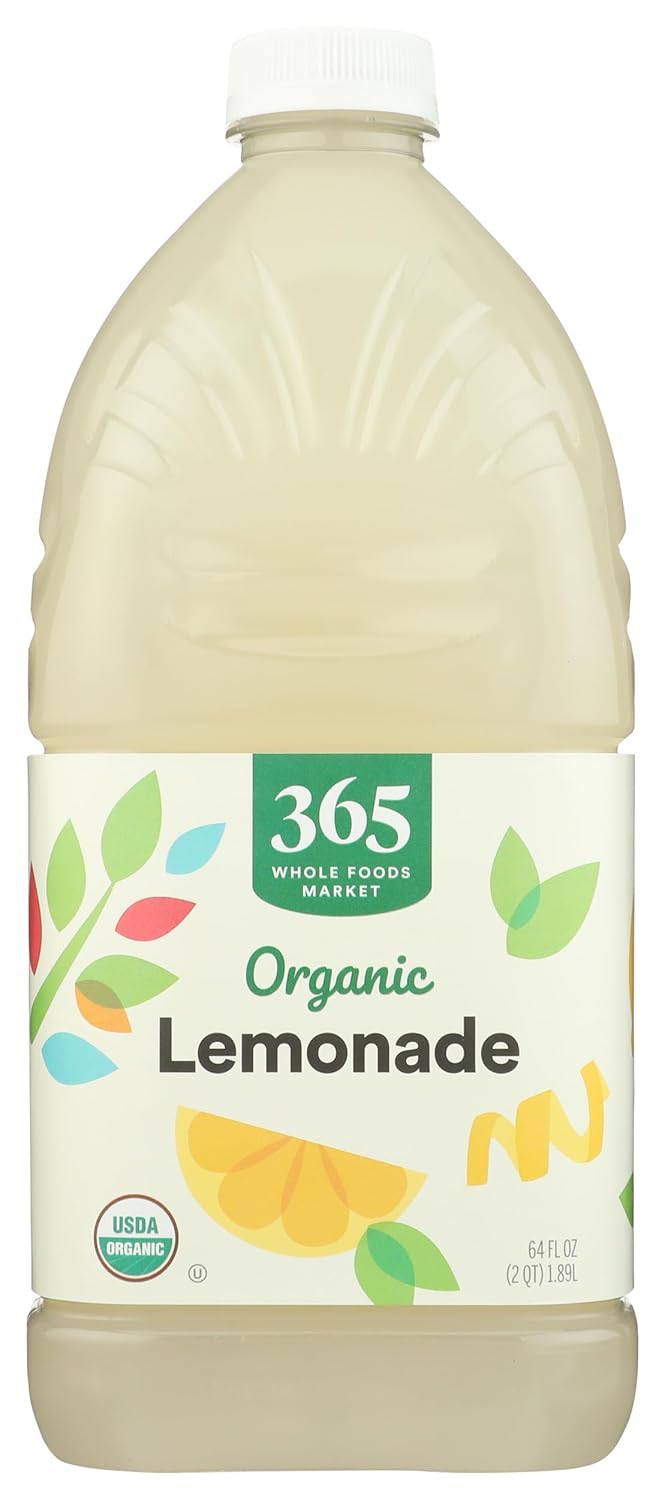 Organic lemonade in a 64 fl oz bottle from 365 by Whole Foods Market, with fresh lemon slices and a clear, refreshing appearance.