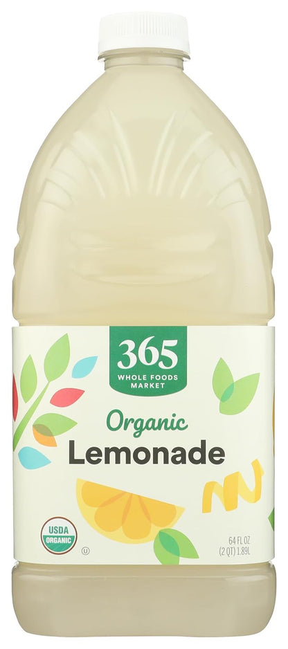 Organic lemonade in a 64 fl oz bottle from 365 by Whole Foods Market, with fresh lemon slices and a clear, refreshing appearance.