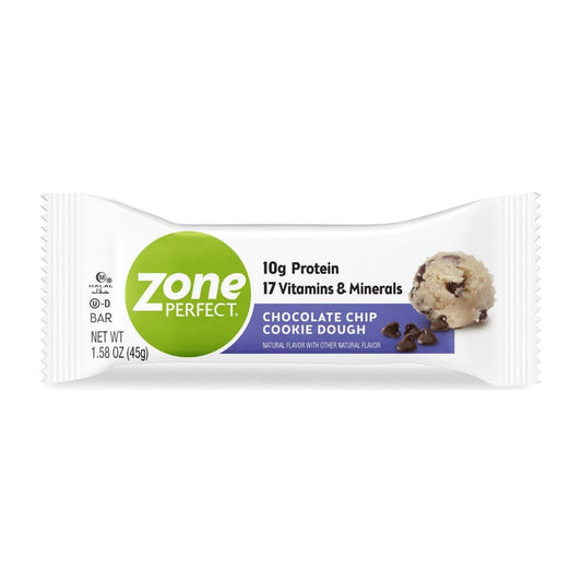 ZonePerfect Nutrition Snack Bar in Chocolate Chip Cookie Dough flavor, showing the 1.58 oz bar with chocolate chips and cookie dough texture.