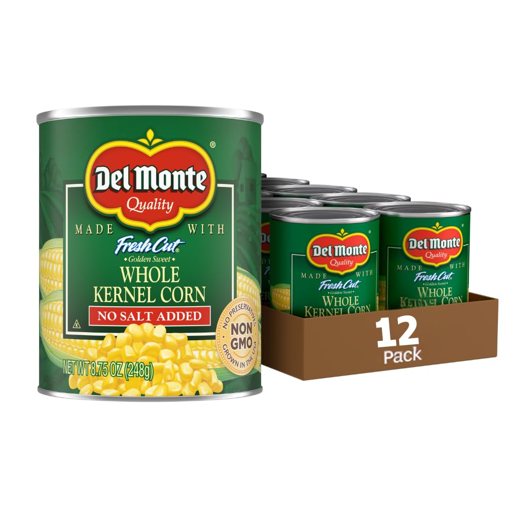 Canned Del Monte whole kernel gold corn with no salt added, 8.75 ounces per can, packed in a 12-pack, with bright yellow corn kernels.