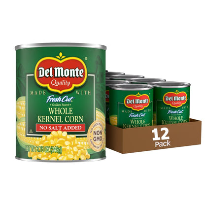 Canned Del Monte whole kernel gold corn with no salt added, 8.75 ounces per can, packed in a 12-pack, with bright yellow corn kernels.