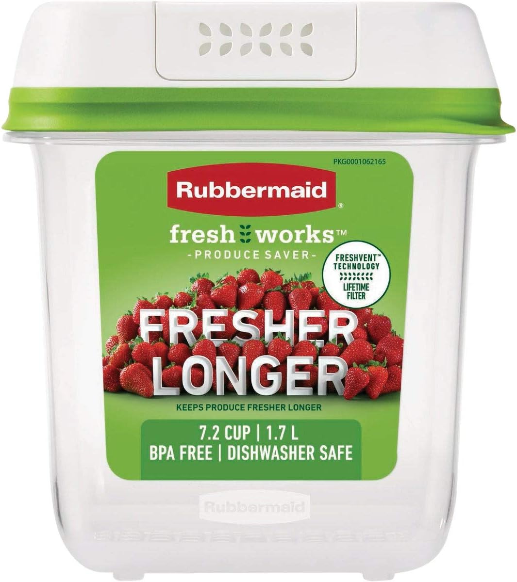 Rubbermaid FreshWorks large short produce storage container in clear plastic, 11.3-cup capacity for fresh fruits and vegetables