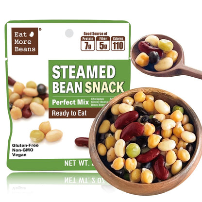 Organic steamed bean snack from Eat More Beans, featuring a mix of healthy bean varieties in a 2oz pack.