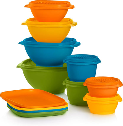 Tupperware Heritage 36-piece vintage pastel food storage container set with 18 containers and 18 lids, perfect for organized kitchen storage.