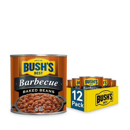 Canned Bush's Best Maple Cured Bacon Baked Beans in a 16 oz can, packed in a set of 12, featuring baked beans with bacon and maple flavor