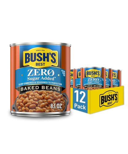 Canned Bush's Best Maple Cured Bacon Baked Beans in 16 oz can, pack of 12, with beans and bacon pieces visible inside.