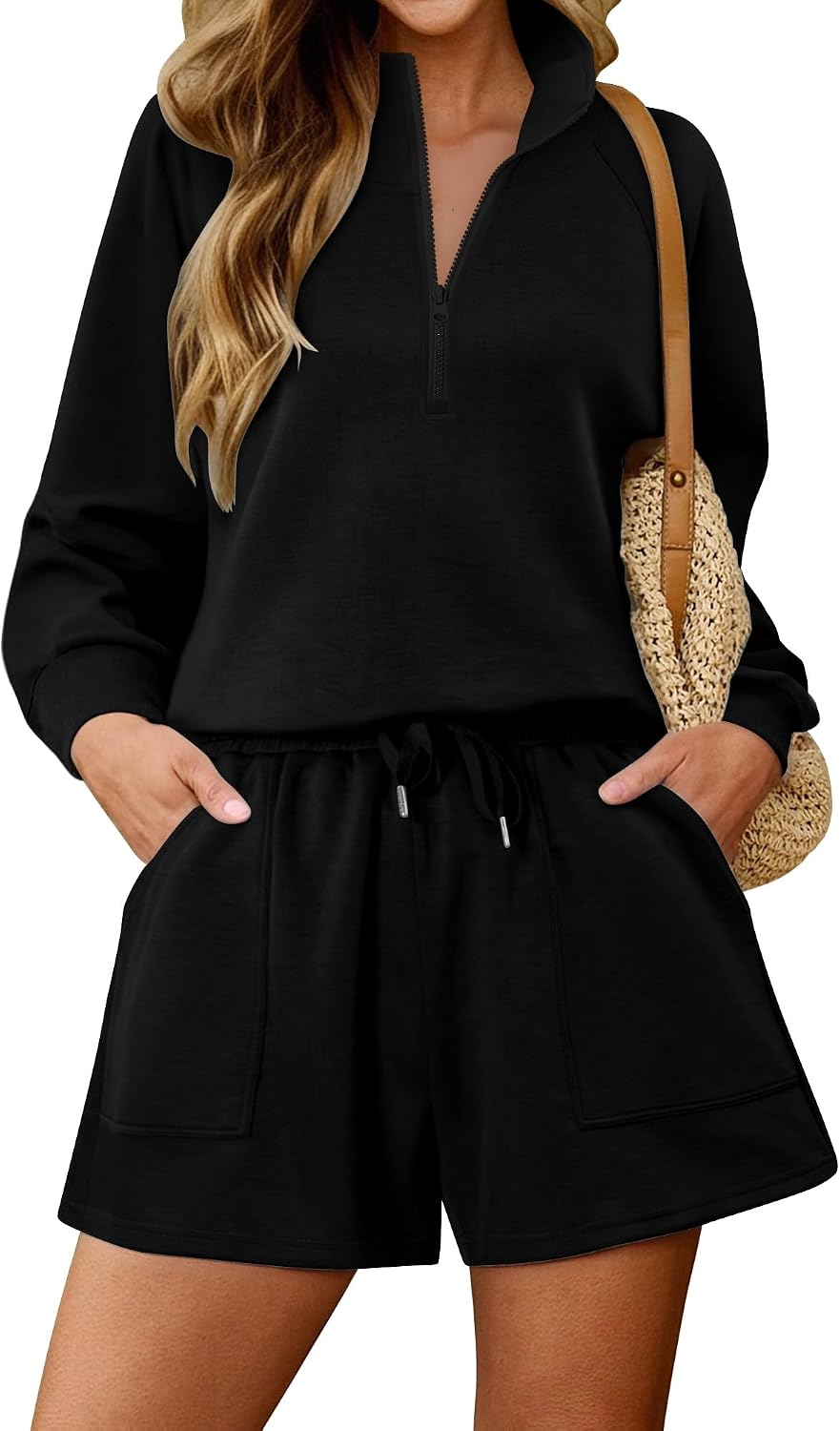 KISSMODA women's lounge set with matching sweatshirt and shorts, comfortable casual outfit for relaxing or lounging at home.