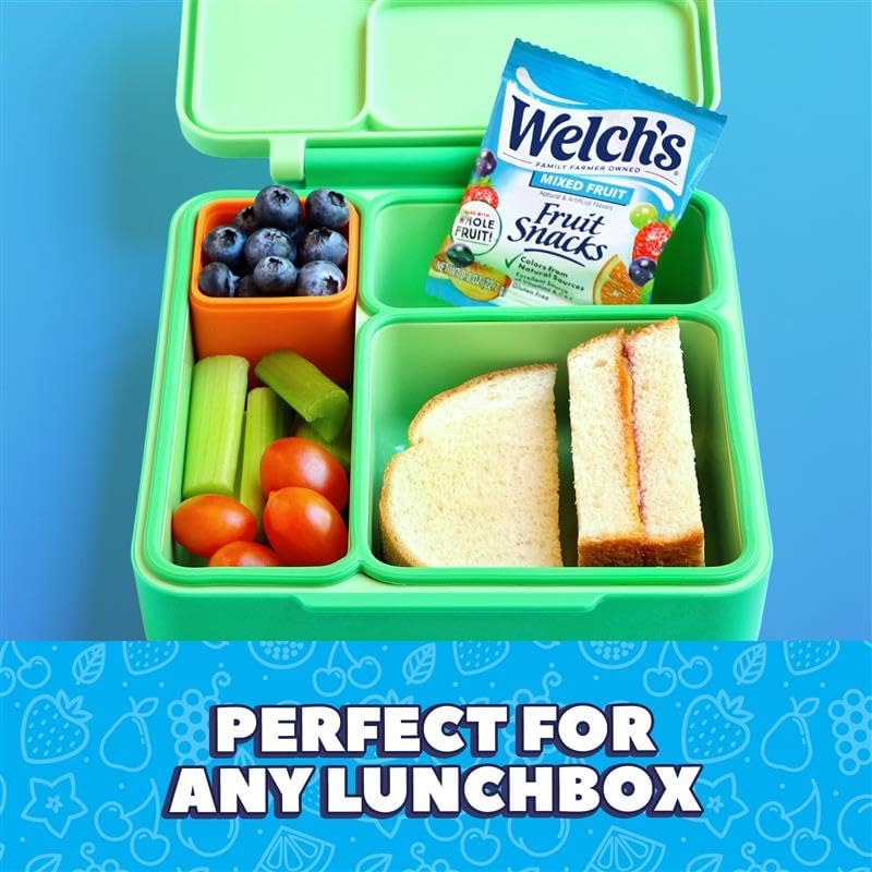 Welch's mixed fruit snacks box with 40 packs of 0.8 oz kids' fruit snacks, colorful fruit shapes and packaging.