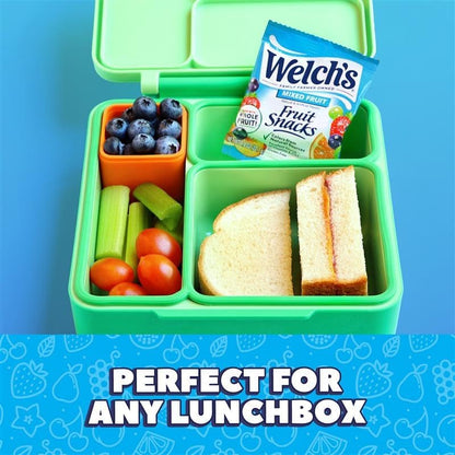 Welch's mixed fruit snacks box with 40 packs of 0.8 oz kids' fruit snacks, colorful fruit shapes and packaging.