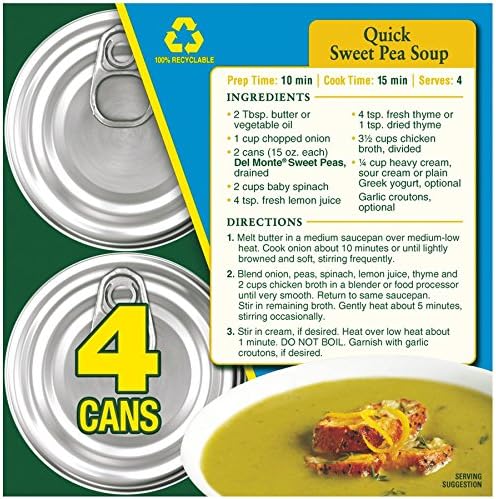 Canned Del Monte Sweet Peas in 15-ounce cans, fresh cut green peas, ready to use in cooking or salads, packed in a four-pack.