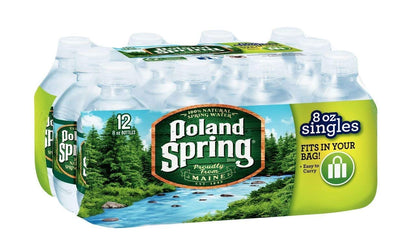 Poland Spring Half Pint Natural Spring Water 12-pack bottles, 27.6 pounds, showcasing clear bottled spring water.